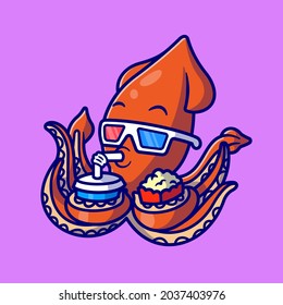 Cute Squid Watching Movie With Popcorn And Drink Cartoon Vector Icon Illustration. Animal Food Drink Icon Concept Isolated Premium Vector. Flat Cartoon Style