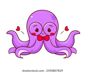 Cute squid wearing glasses cartoon character. Adorable kawaii animals concept design. Mascot Logo vector illustration.