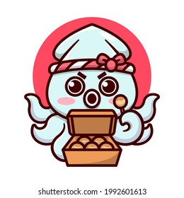 CUTE SQUID WEARING JAPANESE HEADBAND IS HOLDING A BOX OF DELICIOUS TAKOYAKI. HIGH QUALITY CARTOON MASCOT DESIGN.