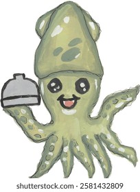 Cute squids cartoon hand drawn watercolor art