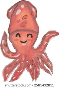 Cute squids cartoon hand drawn watercolor art