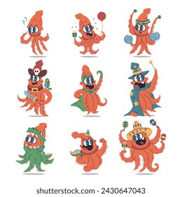 Cute calamares vector de personajes de dibujos animados conjunto aislado en un fondo blanco.