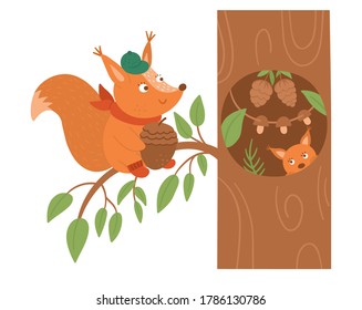 Cute squirrel with acorn with cap and scarf sitting on a tree near the hollow. Vector autumn character. Fall season woodland animal icon for print, sticker, postcard.  Funny forest illustration.
