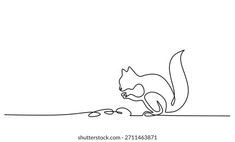 Ardilla linda con una bellota, dibujo continuo de una línea. Ilustración vectorial para el otoño y la naturaleza de la vida silvestre, aislado en el fondo blanco.