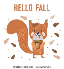 Eichhörnchen mit Eichhörnchen im Doodle-Stil mit Herbstblättern. Print, Kindergrafik, Vektorgrafik	
