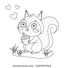 Cute squirrel with an acorn doodle style. Hand drawn Lovely forest animal coloring page. Pet character black and white coloring book, art therapy, line art. Vector illustration