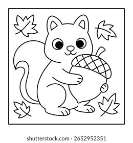 Cute Squirrel with Acorn – Fall Coloring Page for Kids