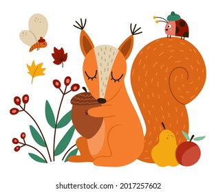 Cute squirrel with acorn insects, fruits. Vector autumn scene with adorable animal. Fall season woodland scenery for print, sticker, postcard. Funny forest illustration.
