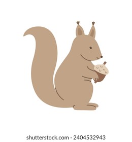 Cute squirrel with acorn isolated on a white background.