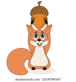 Cute squirrel and acorn isolated transparent background. Fun flat style vector illustration can used postcard card cover template design, t-shirt print. EPS 10