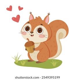 Cute squirrel with an acorn. Lovely forest animal. Pet character Hand drawn trendy flat style isolated. Vector illustration