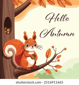 Cute squirrel with an acorn on an autumn tree branch. Hello Autumn season. Template for cards, posters, banners, prints and holiday designs. Vector illustration in cartoon flat style.