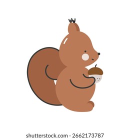 Ardilla linda con bellota sobre fondo blanco. Ilustración vectorial aislada en estilo plano de dibujos animados. Para la tela, envoltura, tarjetas, materia textil, Fondo de pantalla, ropa.