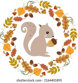 Cute squirrel with acorn in the round frame made of autumn leaves