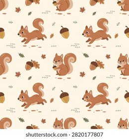 Cute Squirrel Acorn Seamless Pattern Illustration with Running Holding Character, Minimalist Kawaii Autumn Fall Woodland Animal Background, Kids Decor, Repeatable Wallpaper Design