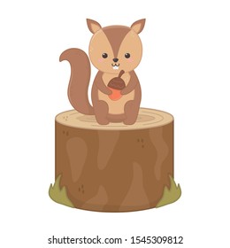 cute squirrel with acorn sitting on trunk forest hello autumn vector illustration