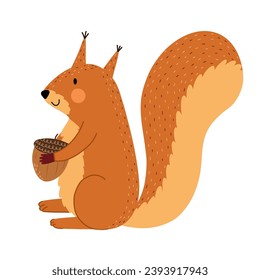 Cute squirrel with acorn in sitting position isolated on white background. Forest character in cartoon style for kids design. Orange woodland animal. Vector illustration