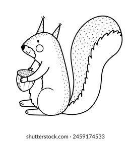 Cute squirrel with acorn in sitting position isolated in black and white. Forest character in outline for kids design. Woodland animal. Vector illustration