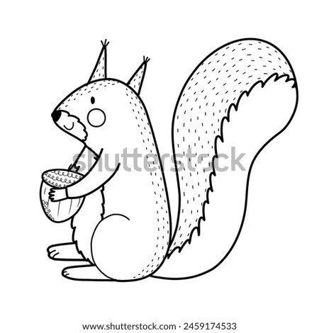 Cute squirrel with acorn in sitting position isolated in black and white. Forest character in outline for kids design. Woodland animal. Vector illustration