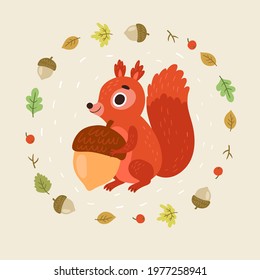 
Cute squirrel with an acorn. Vector illustration 