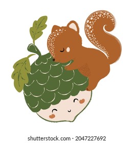 Cute squirrel and acorn vector illustration, hand drawn graphic for children artworks.