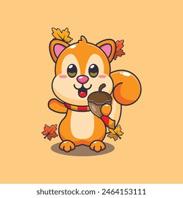 Cute squirrel with acorns at autumn season. Mascot cartoon vector illustration suitable for poster, brochure, web, mascot, sticker, logo and icon.