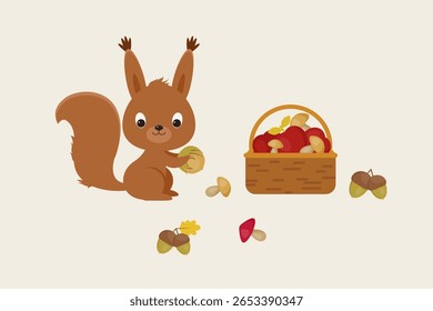 Esquilo bonito com cogumelos de bolota e cesta da colheita de outono no fundo bege, floresta floresta floresta vetor ilustração, desenho de clipart de queda desenhado à mão