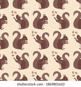 Cute squirrel with acorns seamless pattern background. Red brown woodland animals juggling and holding nuts on neutral cream color backdrop. Forest wildlife design. Hand drawn modern all over print