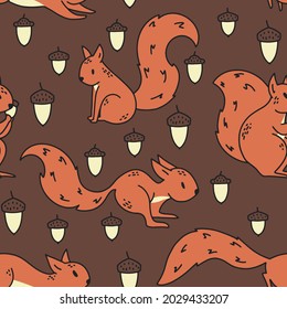 Cute squirrel with acorns seamless pattern background print. Vector illustration. For kids or home decor projects. Surface pattern design.