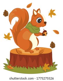 süßes Eichhörnchen mit Eichhörnchen stumpf Blattwerk Hallo Herbstvektorgrafik. Herbstgrußkarte für Eichhörnchen.