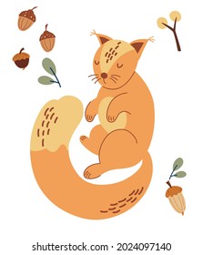 Cute squirrel. Acorns, twigs and berries. Forest animal. Scandinavian woodland animal. Concept for kids fashion, textile print, poster, card. Vector Illustration