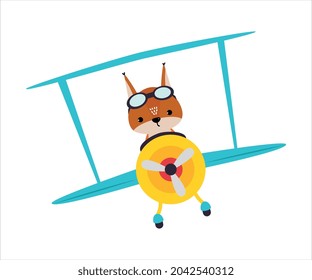 Cute Squirrel Animal with Goggles Flying on Airplane with Propeller Vector Illustration