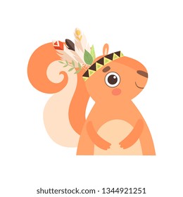 Cute Squirrel Animal Wearing Indian Traditional Tribal Headdress with Feathers Vector Illustration