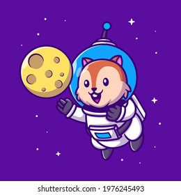 Cute Squirrel Astronaut With Moon Cartoon Vector Icon Illustration. Animal Science Icon Concept Isolated Premium Vector. Flat Cartoon Style