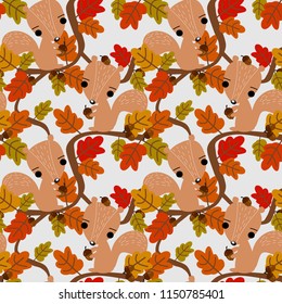 Cute squirrel and autumn leaves seamless pattern.