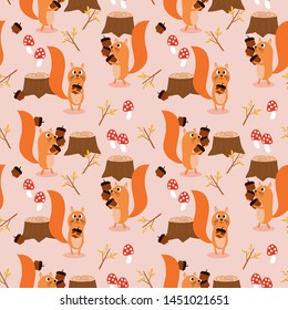 Cute squirrel and autumn leaves seamless pattern.