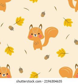 Cute Squirrel and Autumn Leaves Seamless Pattern.