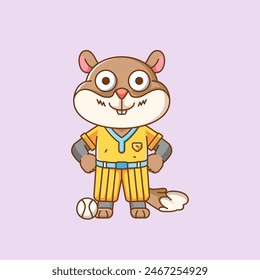 Cute squirrel Baseball player animal kawaii chibi character mascot illustration outline style design set