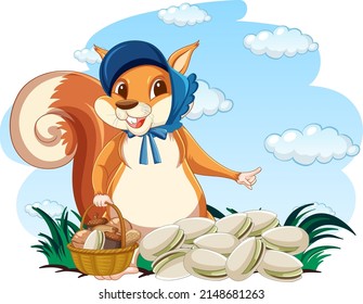 Cute squirrel with basket full of nuts illustration