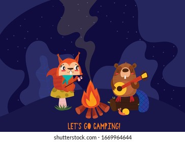 Cute squirrel and beaver near a bonfire at night. Let's camping poster concept. Vector illustration in cartoon style.