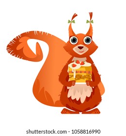 Cute squirrel with big eyes holding a birthday cake in paws. Vector illustration