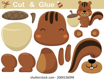 Cute squirrel with big nut. Education paper game for children. Cutout and gluing. Vector cartoon illustration