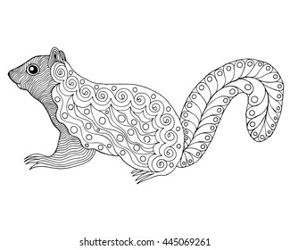 Cute squirrel. Black white hand drawn doodle animal. Ethnic patterned vector illustration. African, indian, totem, tribal, zentangle design. Sketch for coloring page, tattoo, poster, print, t-shirt