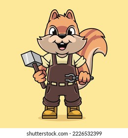 Cute squirrel blacksmith mascot illustration premium vector The Concept of Isolated Technology. Flat Cartoon Style Suitable for Landing Web Pages, Banners, Flyers, Stickers, Cards