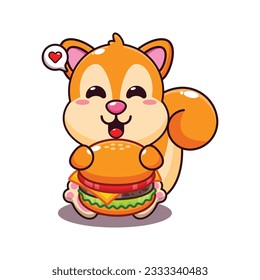 cute squirrel with burger cartoon vector illustration.