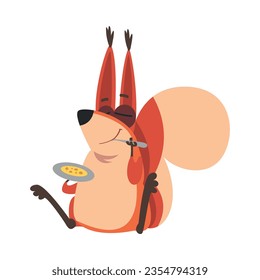 Cute Squirrel with Bushy Tail Sitting and Eating Vector Illustration