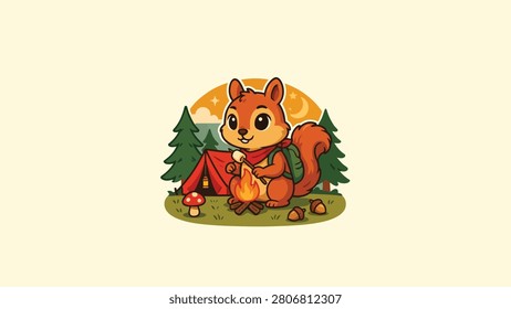 Cute squirrel camping scout illustration with campfire and tent in a forest setting squirrel campfire adventure