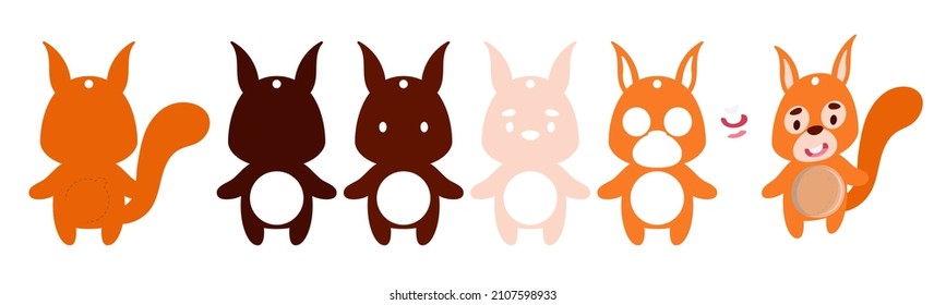 Cute squirrel candy ornament. Layered paper decoration treat holder for dome. Hanger for sweets, candy for birthday, baby shower, halloween, christmas. Print, cut out, glue. Vector stock illustration