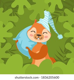 Cute Squirrel in Cap Sleeping on Pillow, Adorable Wild Animal Character Lying in Green Bed Vector Illustration