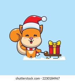 Cute squirrel carrying christmas gift box. Cute christmas cartoon illustration. 